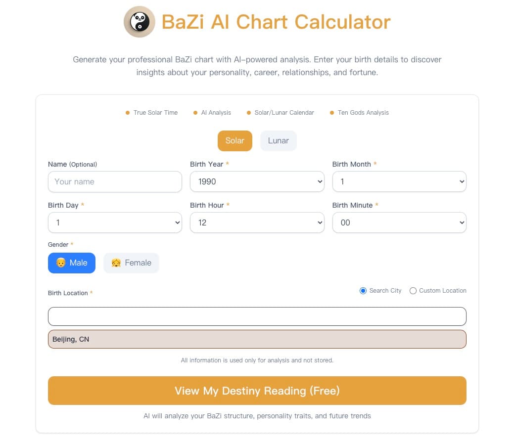 BaZiLab AI Chart Calculator Interface